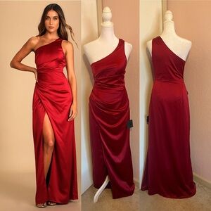 Dreaming of Elegance Wine Red Satin One-Shoulder Maxi Dress from Lulus